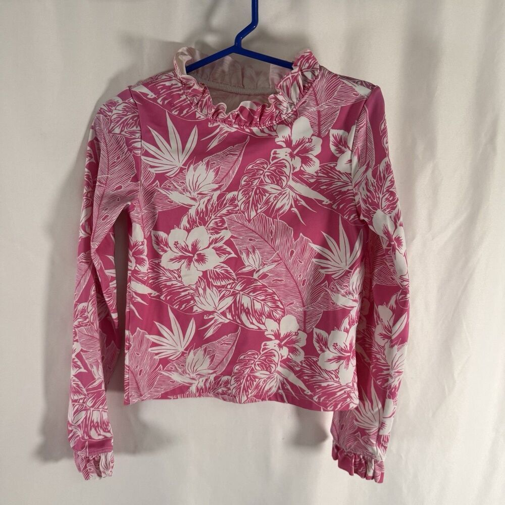 Janie Jack Swim Top Girls 6 Pink Floral Hawaiian Long Sleeve Pullover Stretch